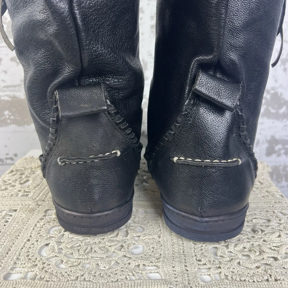 El Vaquero Black Majove Over The Knee Moccasin Boots Sz38 US 7.5-8 Leather Moto